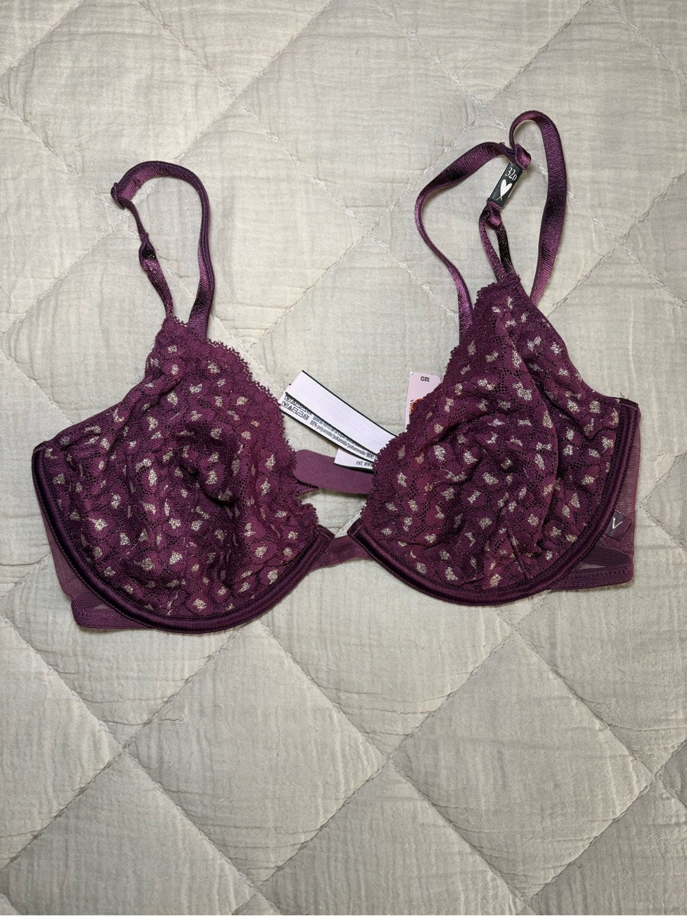 Victoria's Secret Unlined Plum Lace Underwire Bra with Gold Accents 32DD